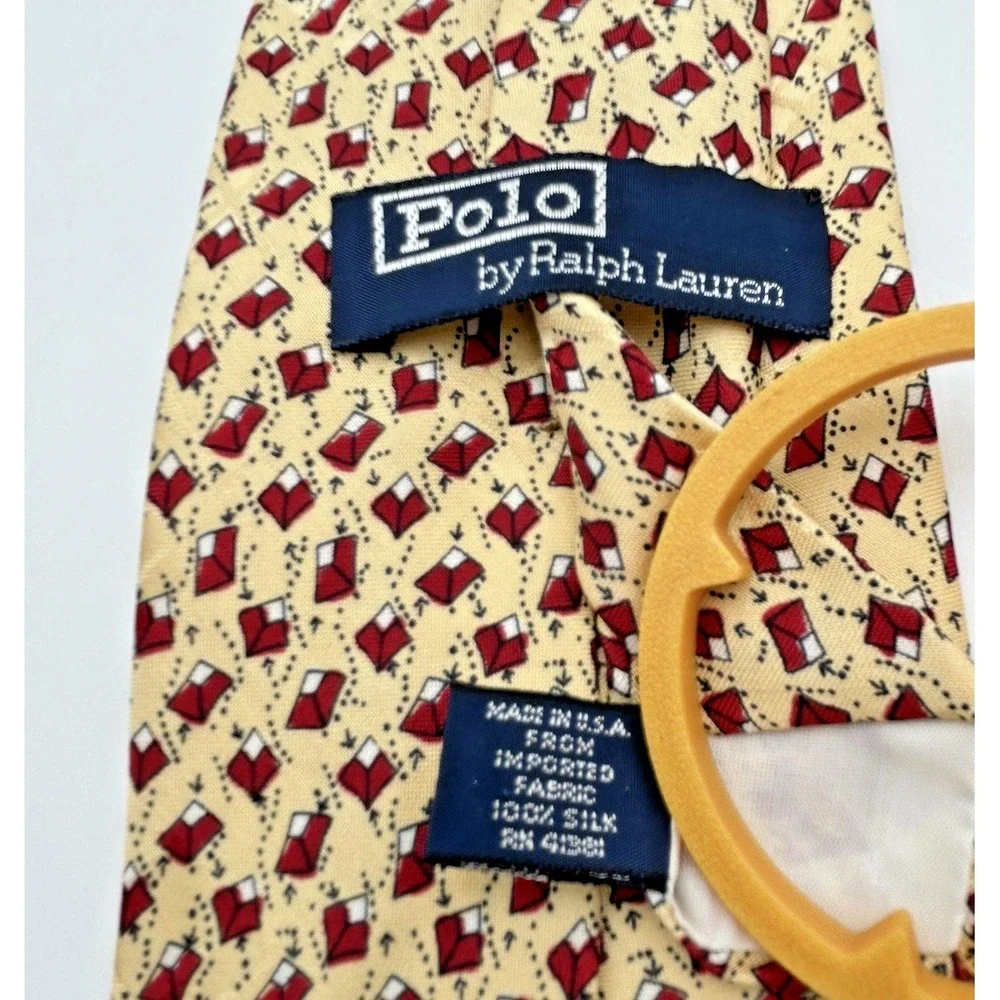 Vintage Polo‎ Ralph Lauren Mens Silk Tie Yellow Red Geometric Print Made in USA